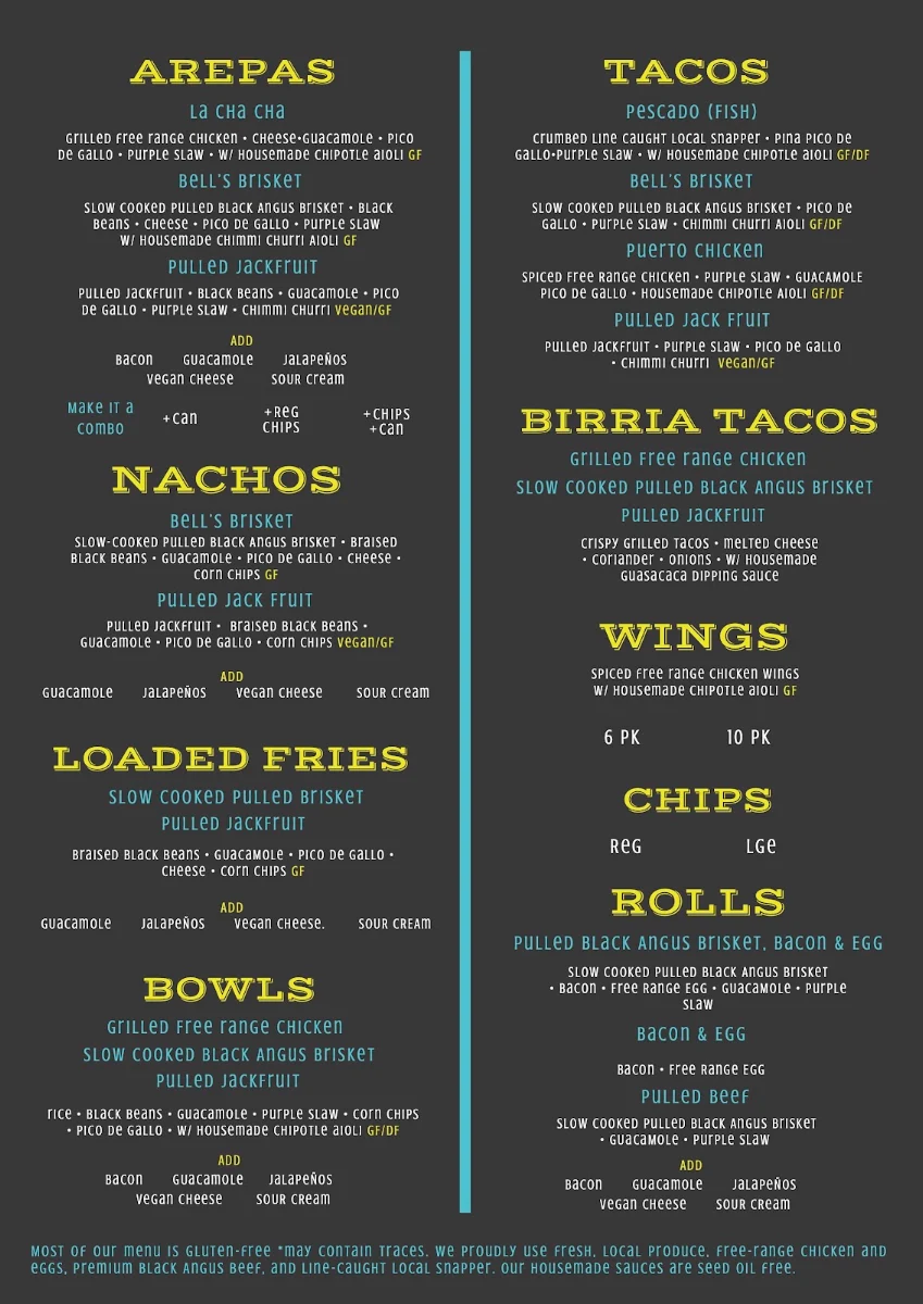 Menu, La Cha Cha Cabana