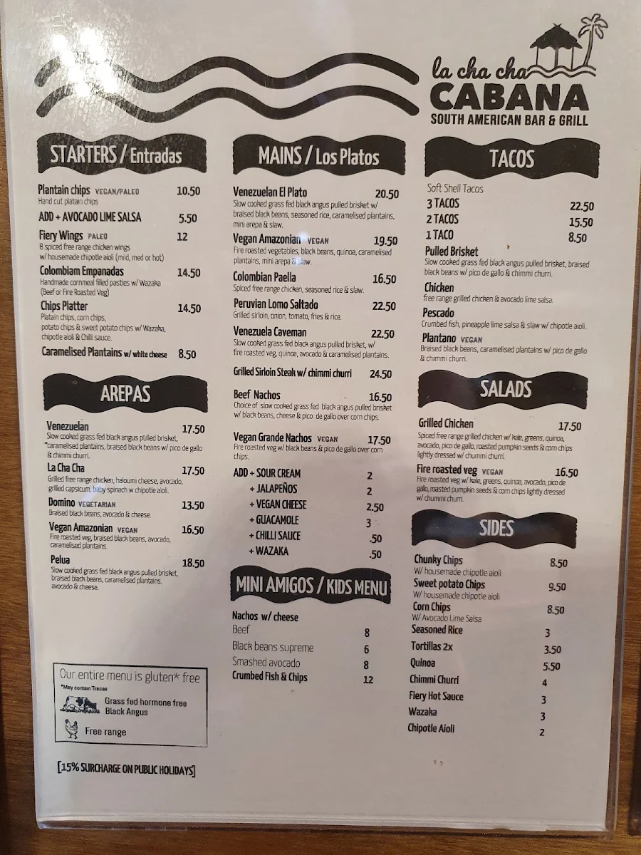 Menu, La Cha Cha Cabana