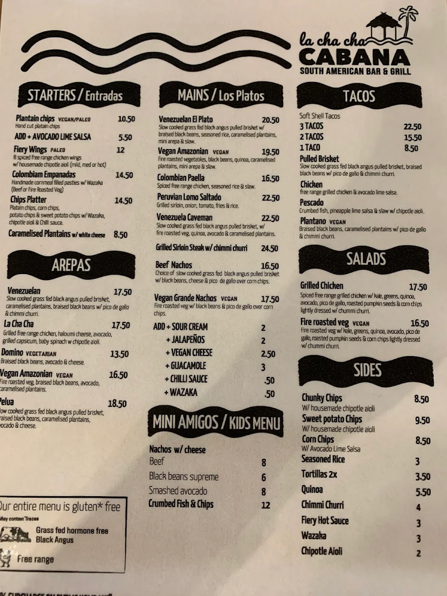 Menu, La Cha Cha Cabana