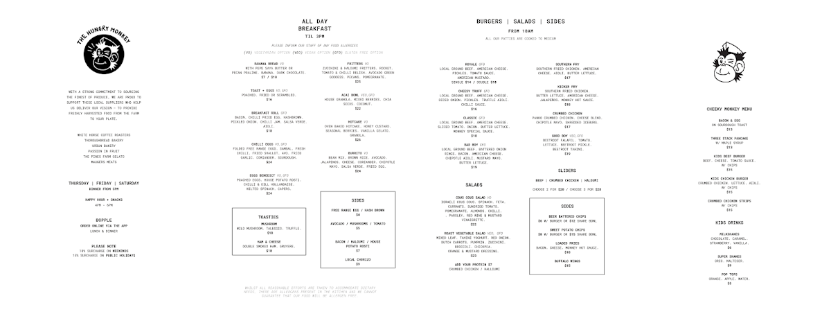 Menu, The Hungry Monkey Kiama