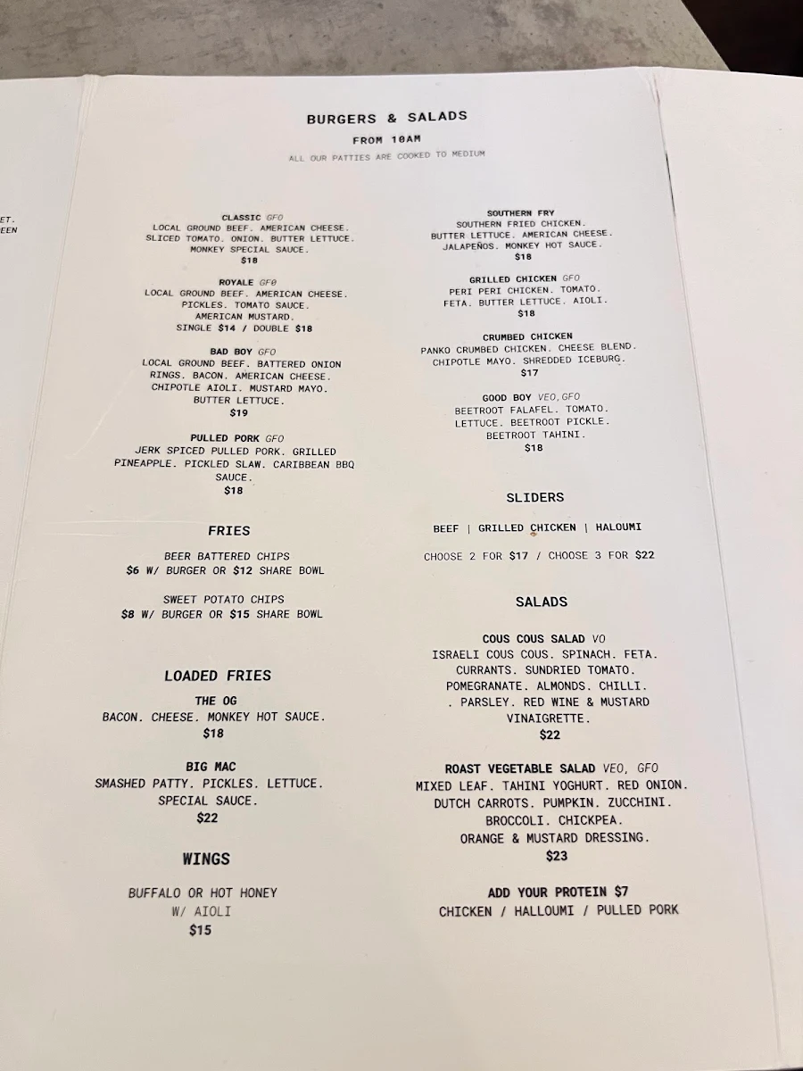 Menu, The Hungry Monkey Kiama