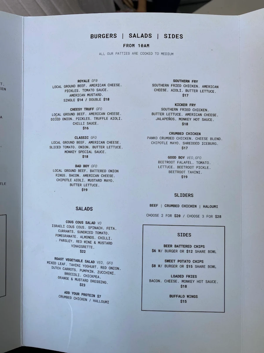 Menu, The Hungry Monkey Kiama