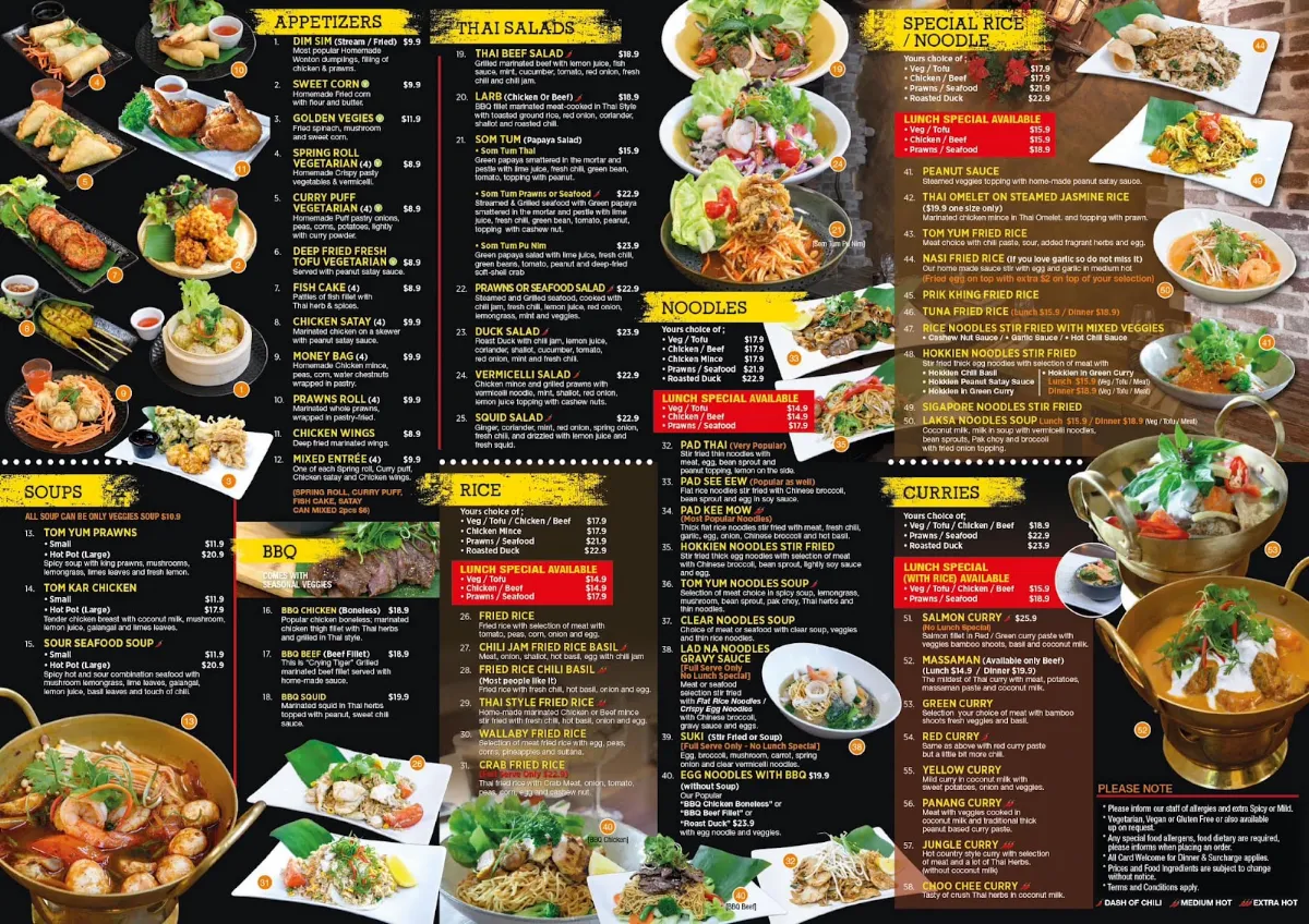Menu, Wallabies Thai