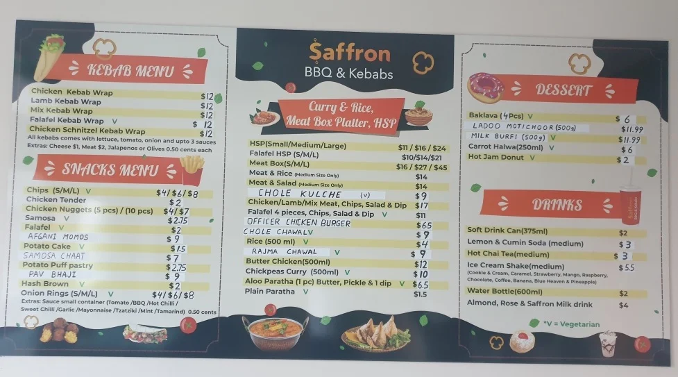Menu, Saffron Kebab & Burger & Indian Officer