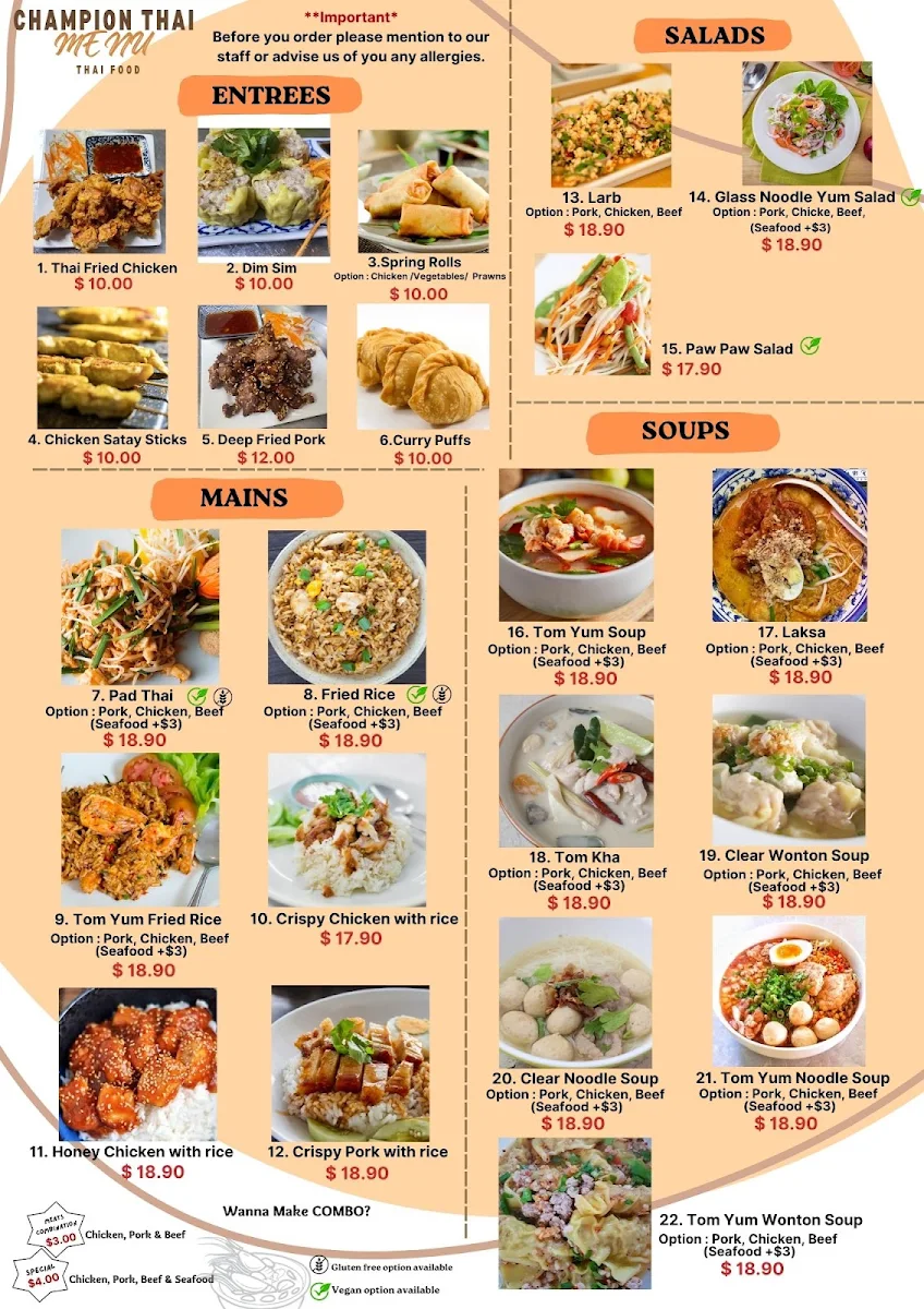 Menu, Orathai Takeaway
