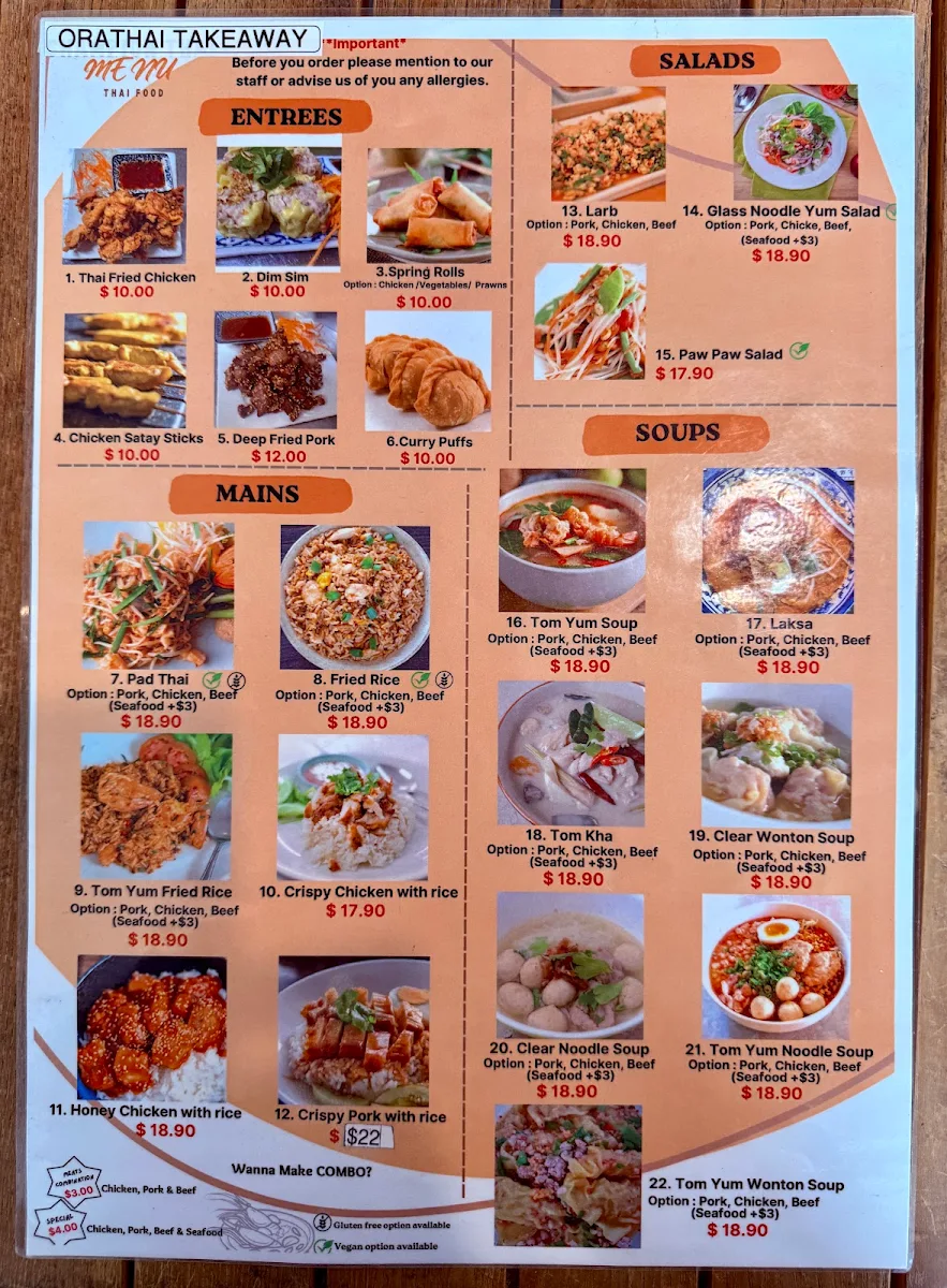 Menu, Orathai Takeaway