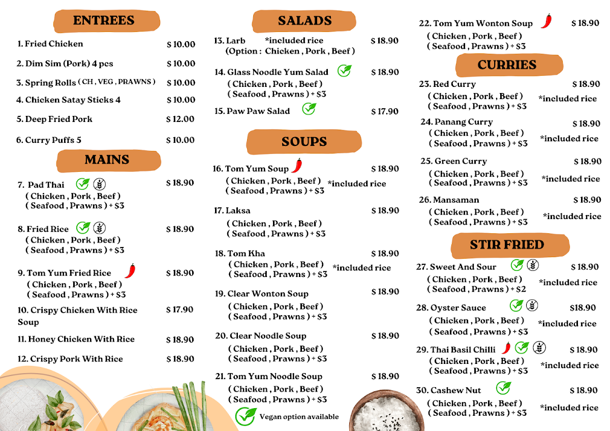 Menu, Orathai Takeaway