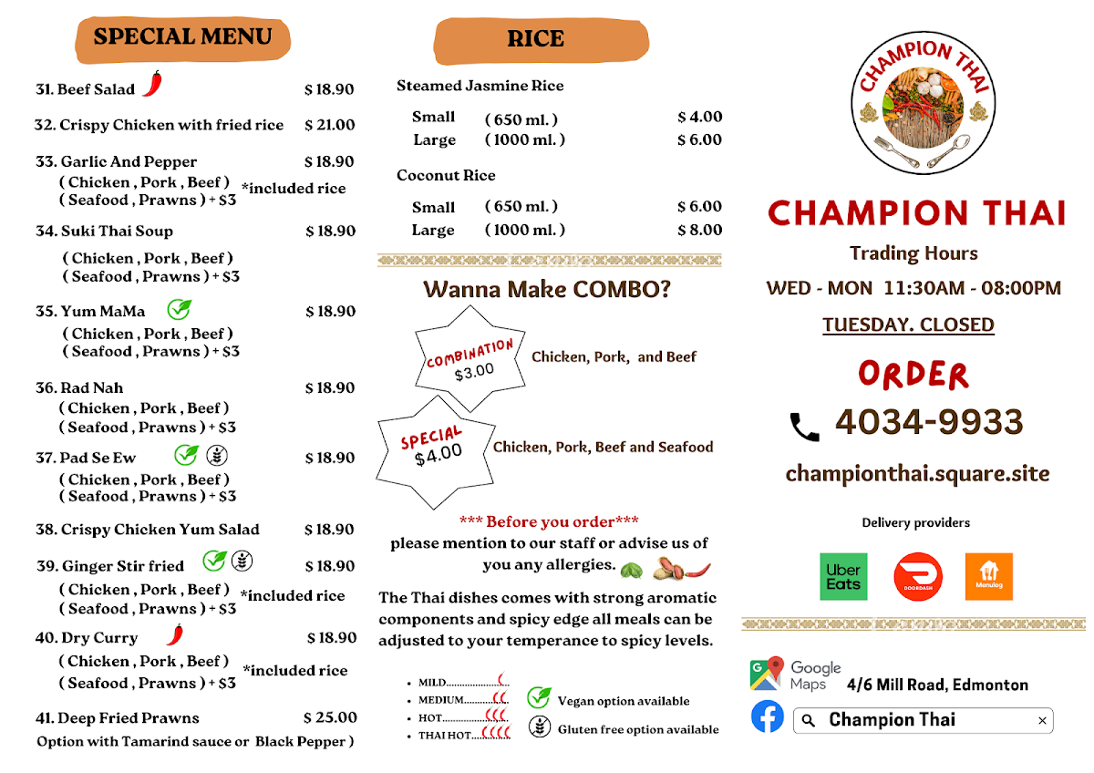 Menu, Orathai Takeaway