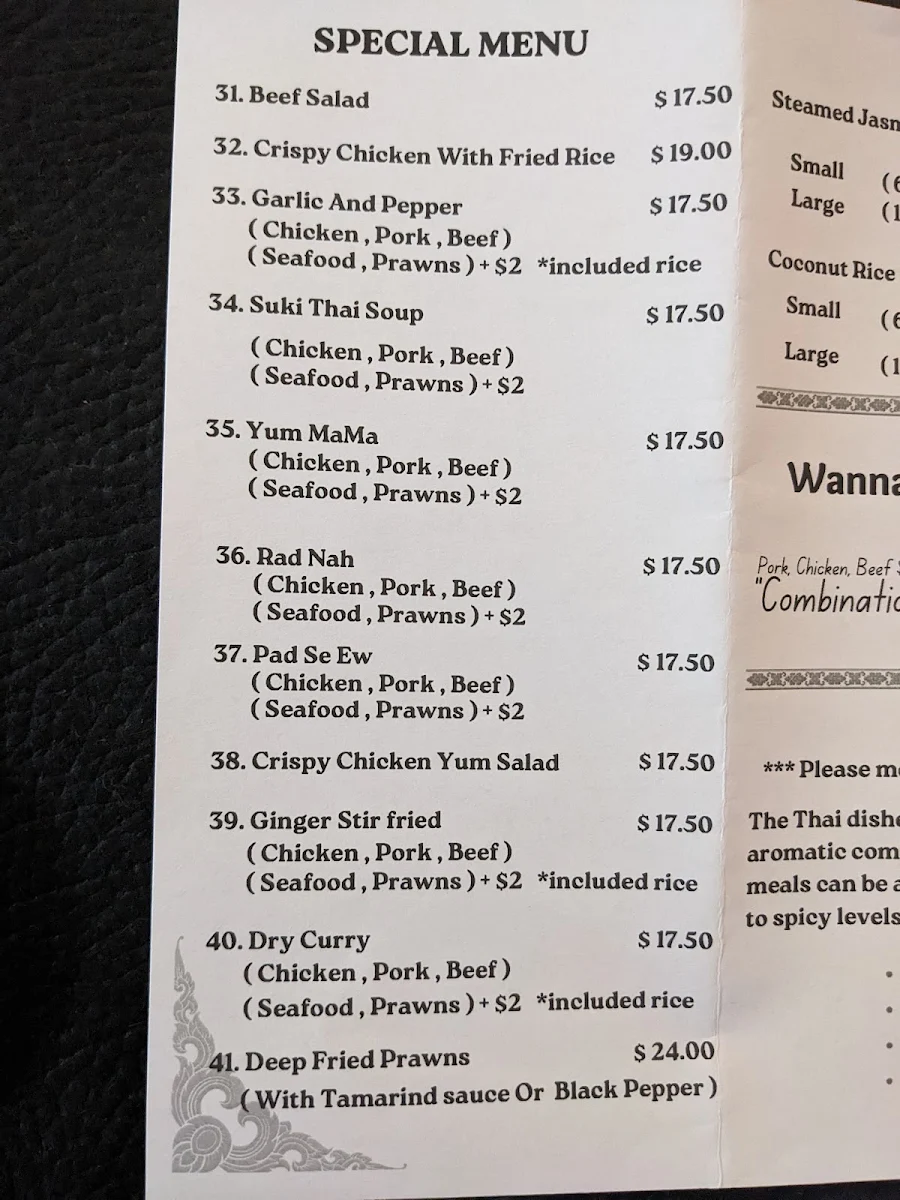 Menu, Orathai Takeaway