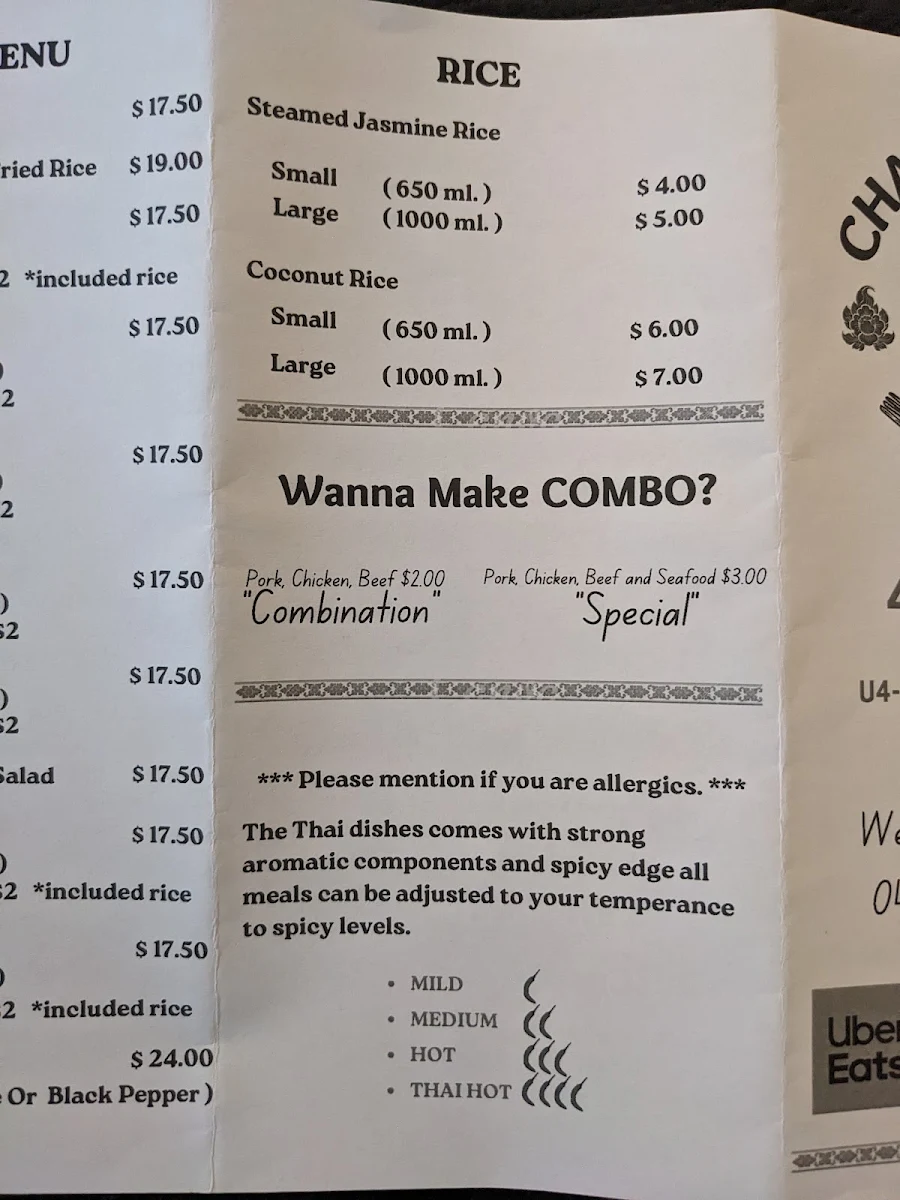 Menu, Orathai Takeaway