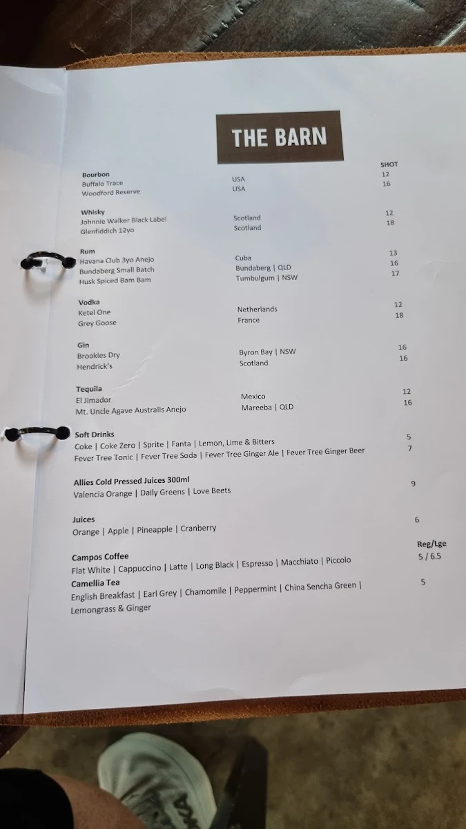 Menu, The Barn Restaurant
