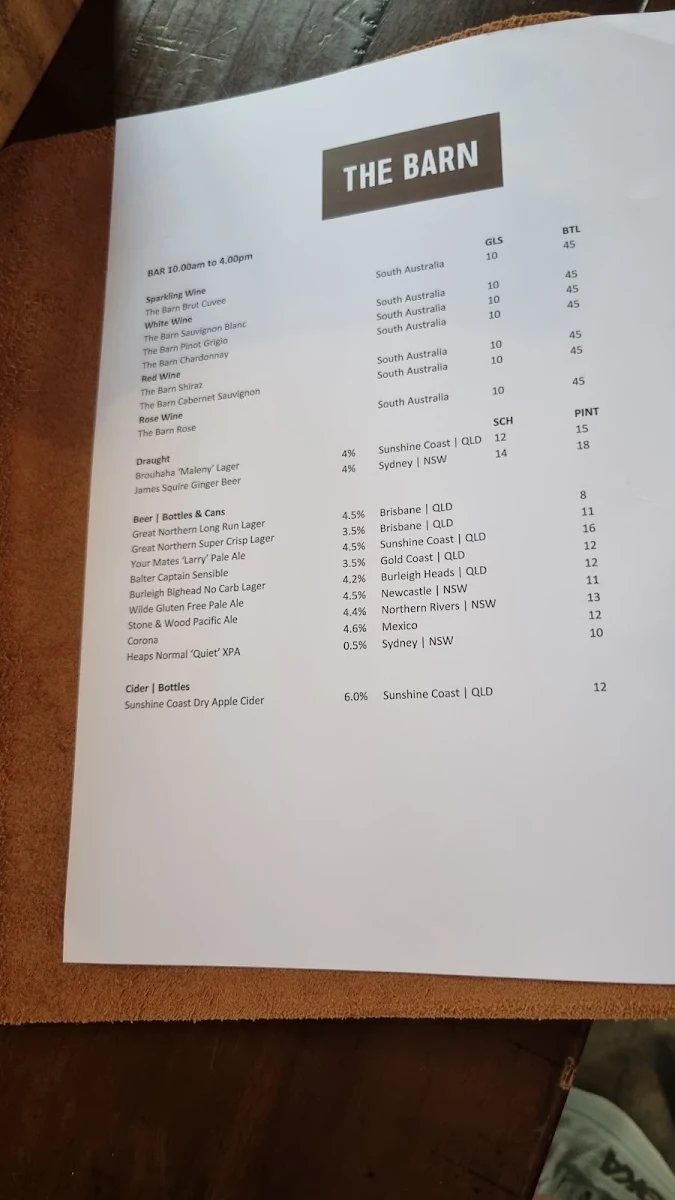 Menu, The Barn Restaurant
