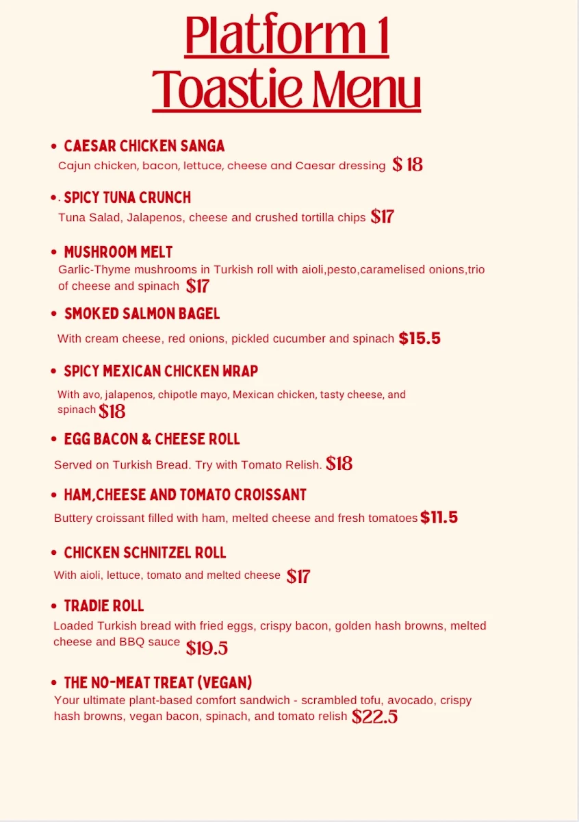 Menu, Platform 1 Cafe