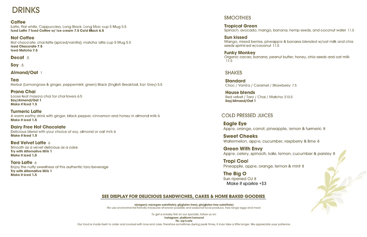 Menu, Platform 1 Cafe