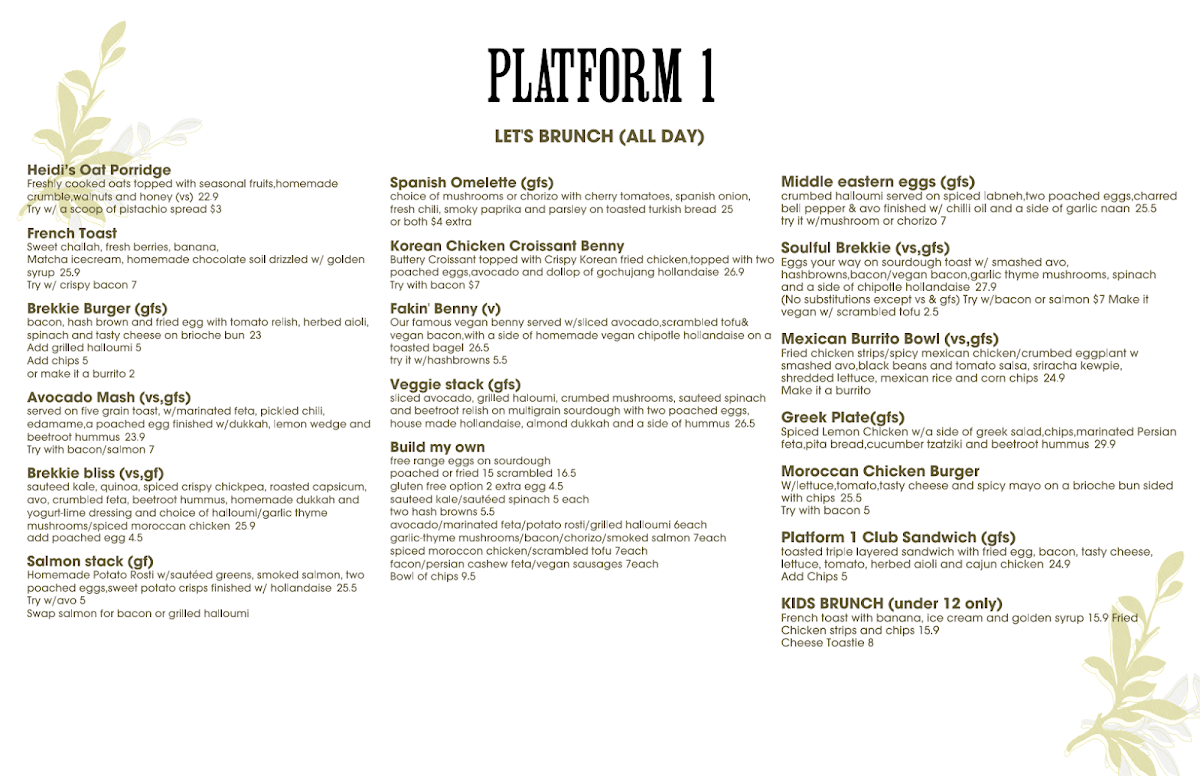 Menu, Platform 1 Cafe