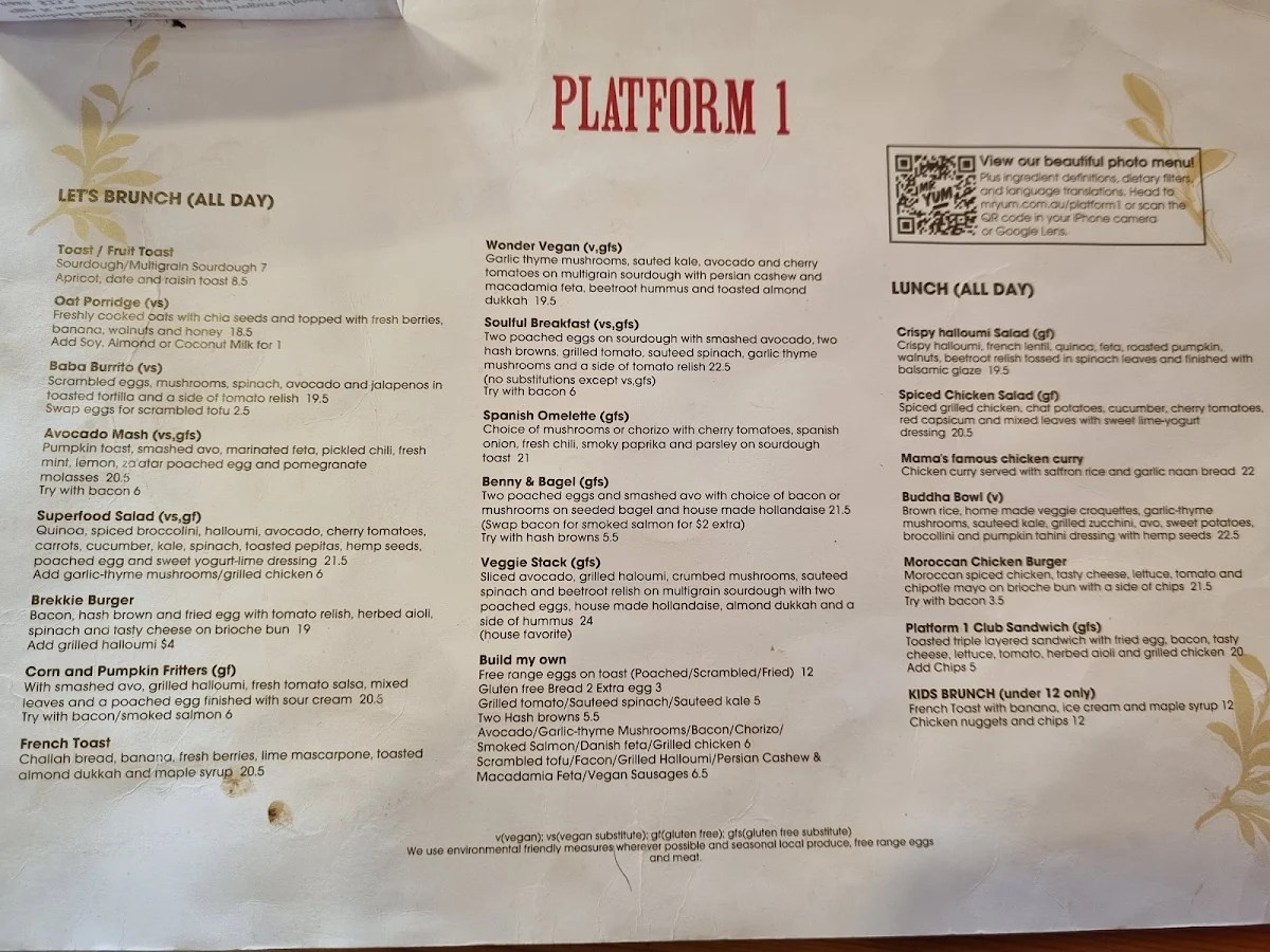Menu, Platform 1 Cafe