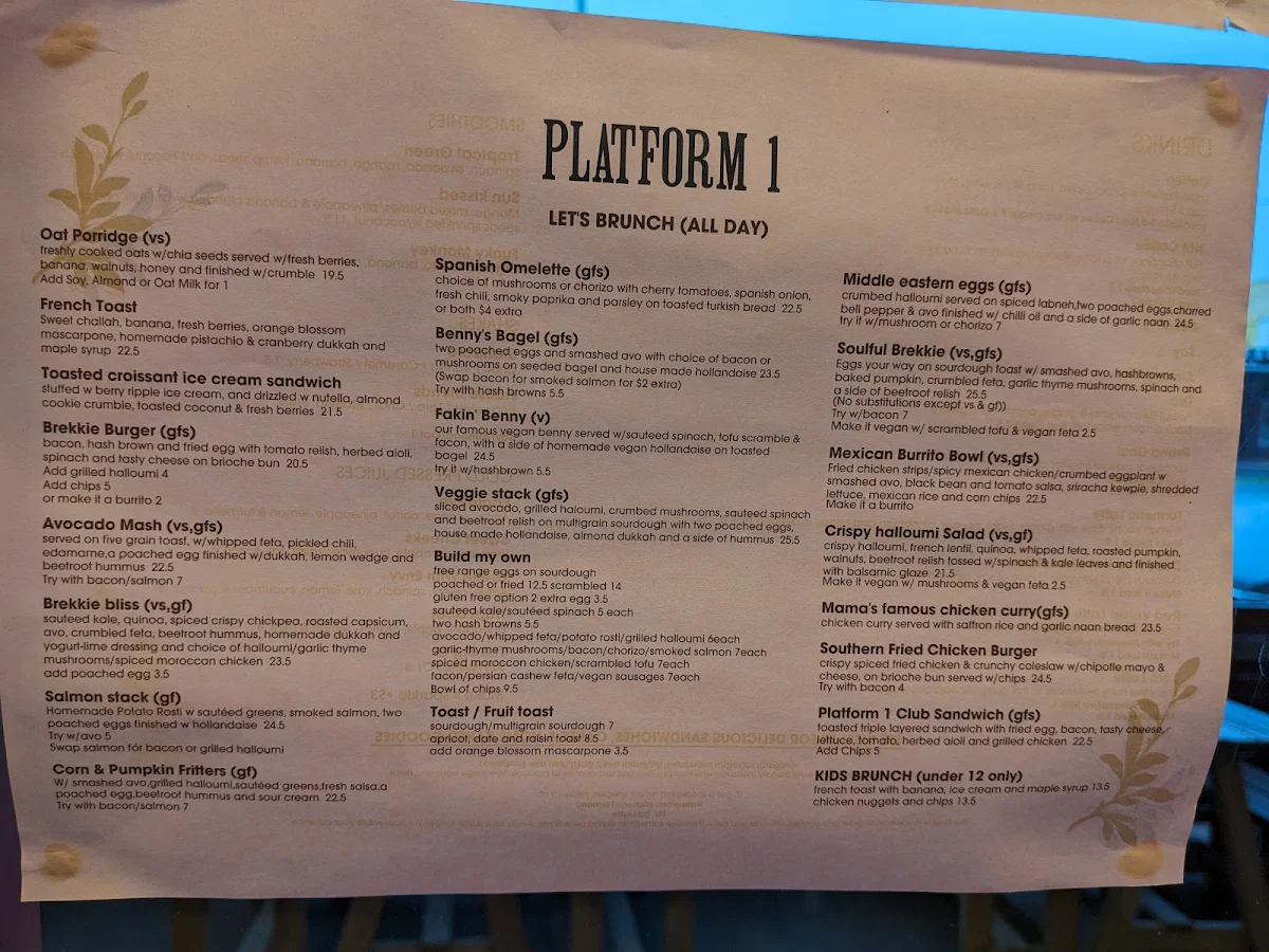 Menu, Platform 1 Cafe