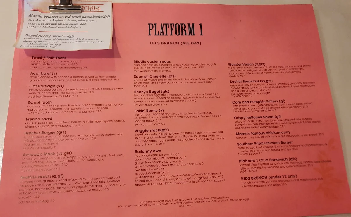 Menu, Platform 1 Cafe