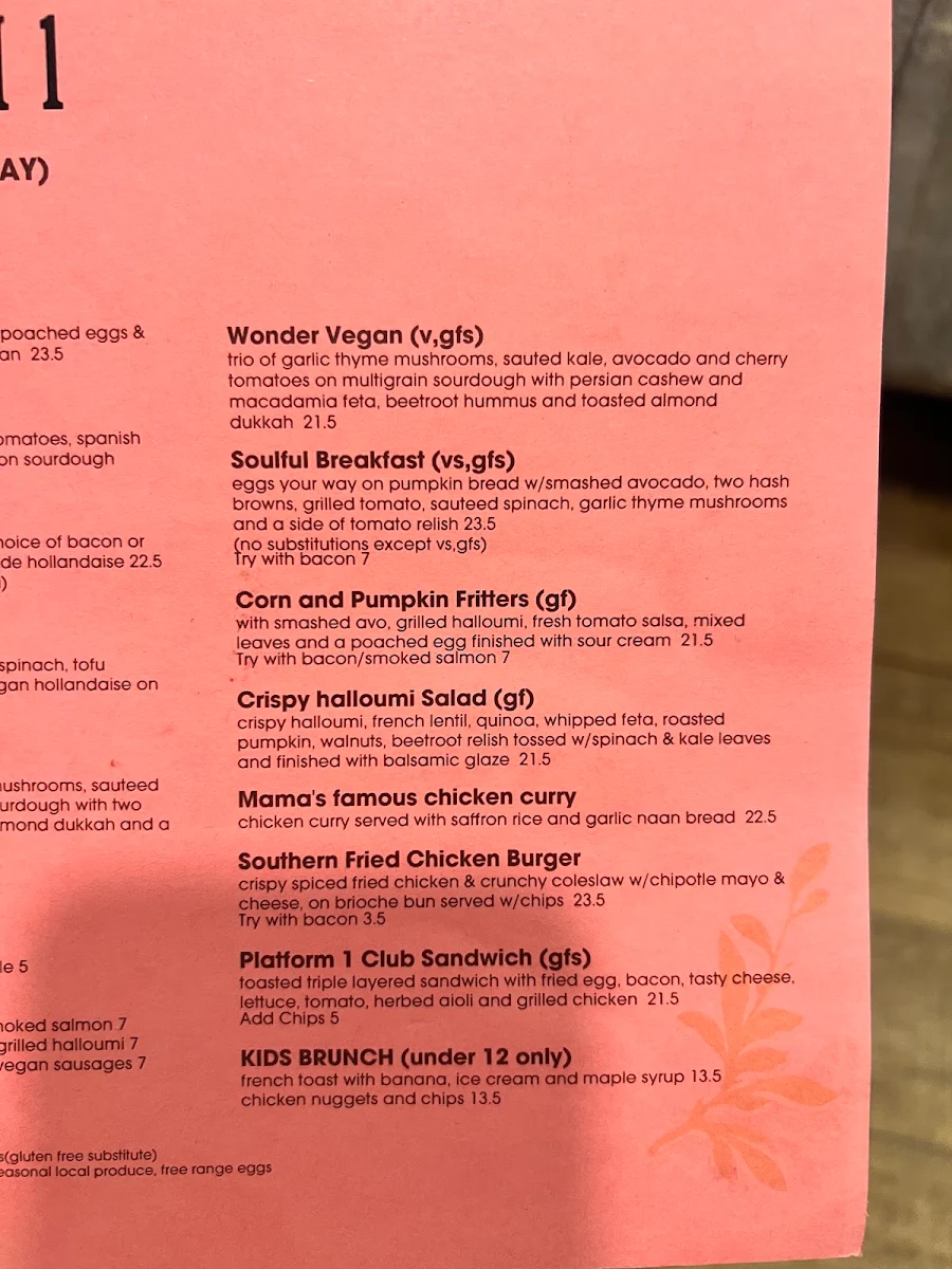 Menu, Platform 1 Cafe