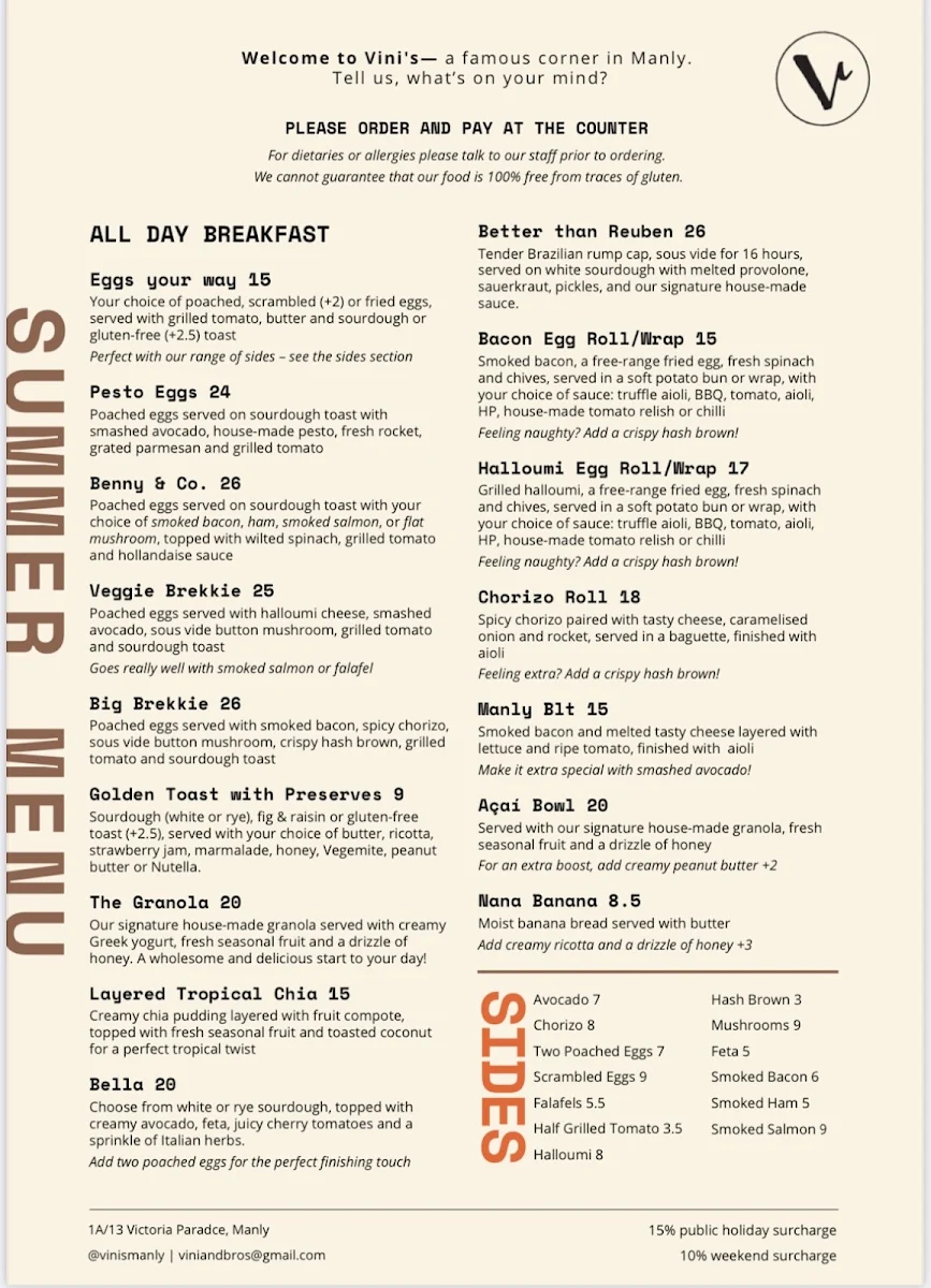 Menu, Vini's Cafe