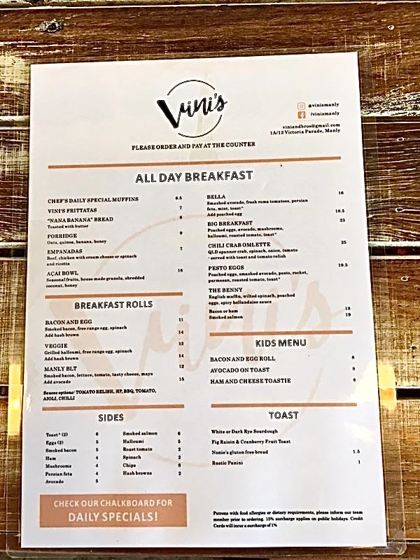 Menu, Vini's Cafe