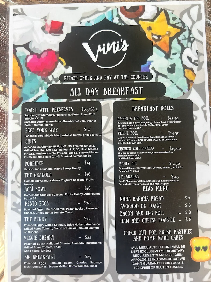 Menu, Vini's Cafe