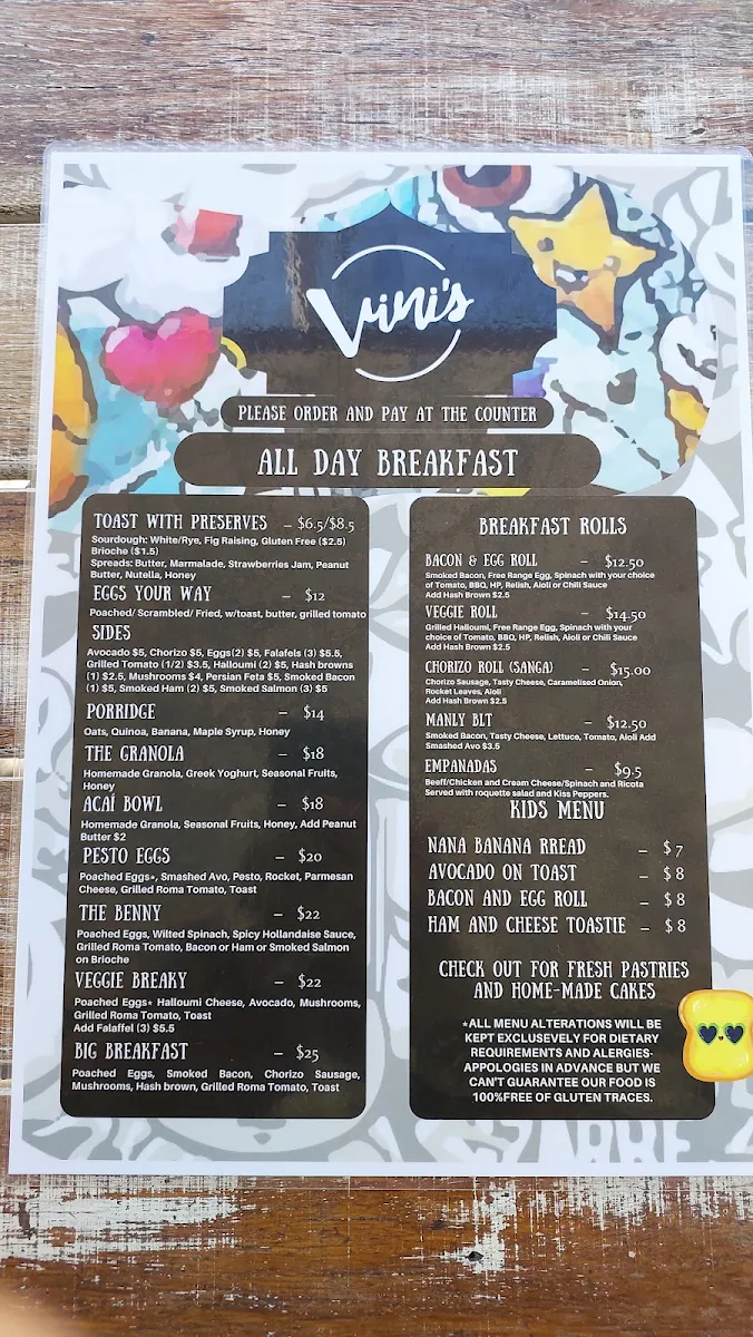 Menu, Vini's Cafe