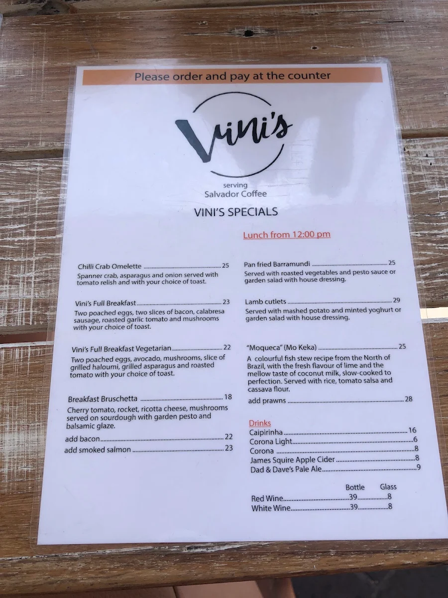 Menu, Vini's Cafe