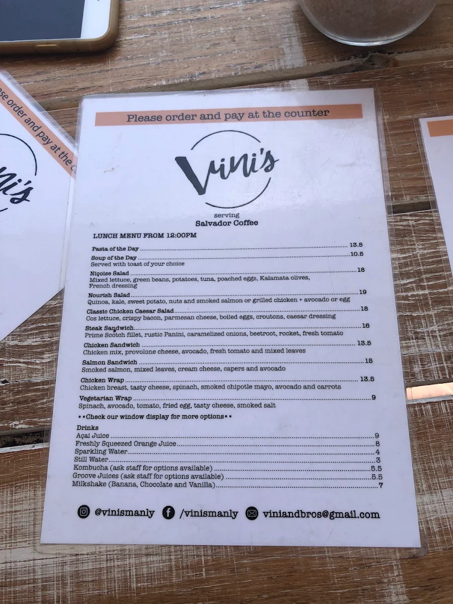 Menu, Vini's Cafe