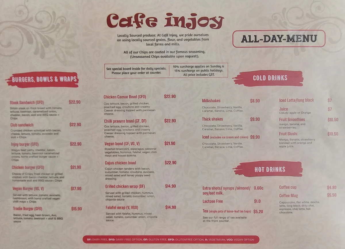Menu, Cafe Injoy