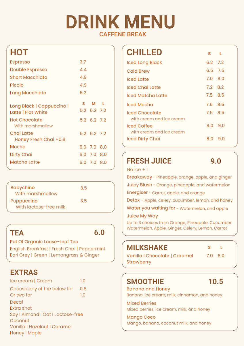 Menu, Caffene Break Runaway Bay