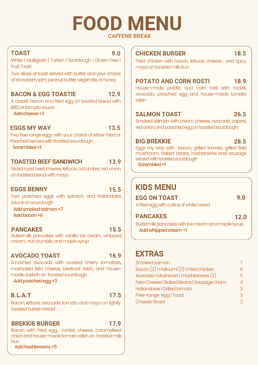 Menu, Caffene Break Runaway Bay