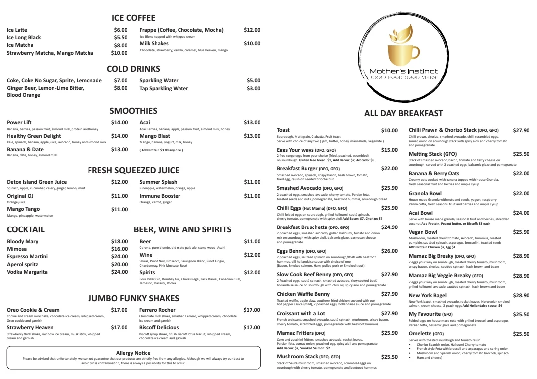 Menu, Mothers Instinct cafe & Bar
