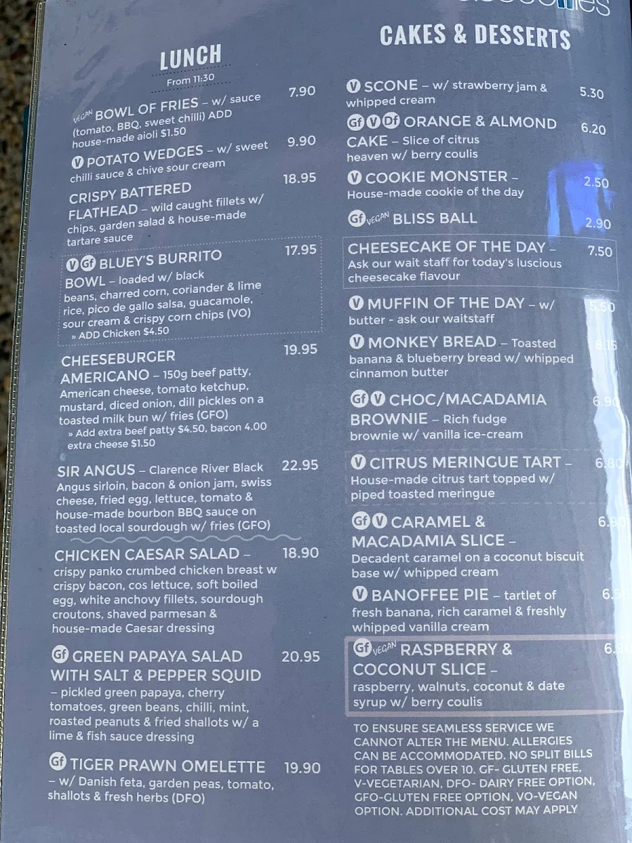 Menu, Bluebottles Brasserie