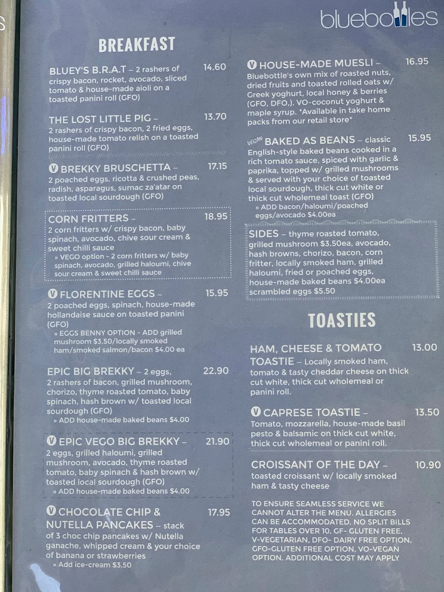 Menu, Bluebottles Brasserie