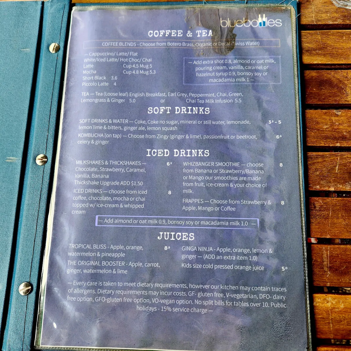 Menu, Bluebottles Brasserie