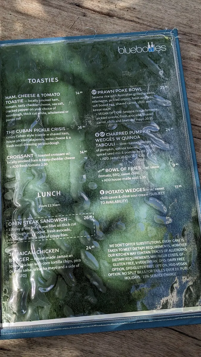 Menu, Bluebottles Brasserie