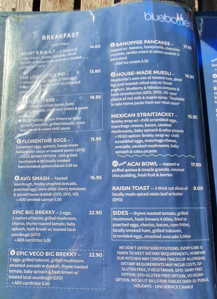 Menu, Bluebottles Brasserie