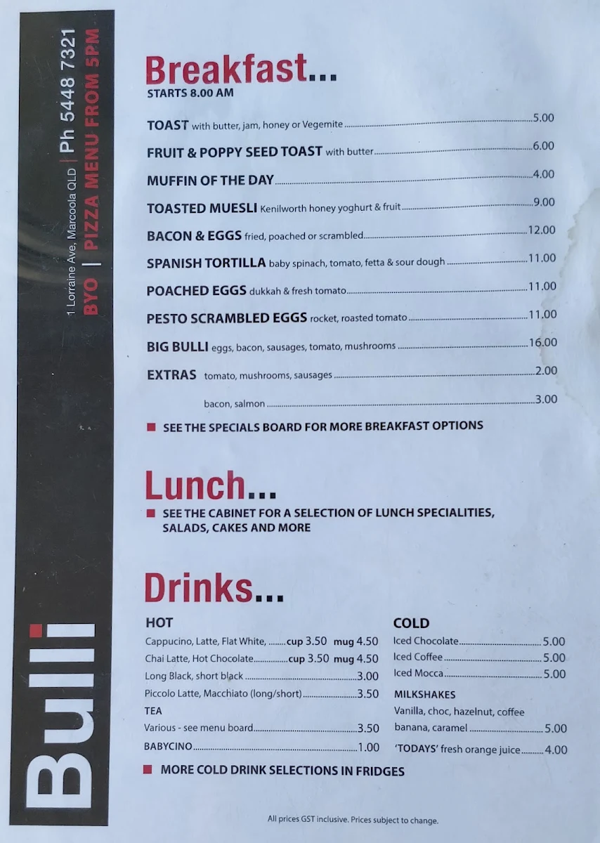 Menu, Bulli