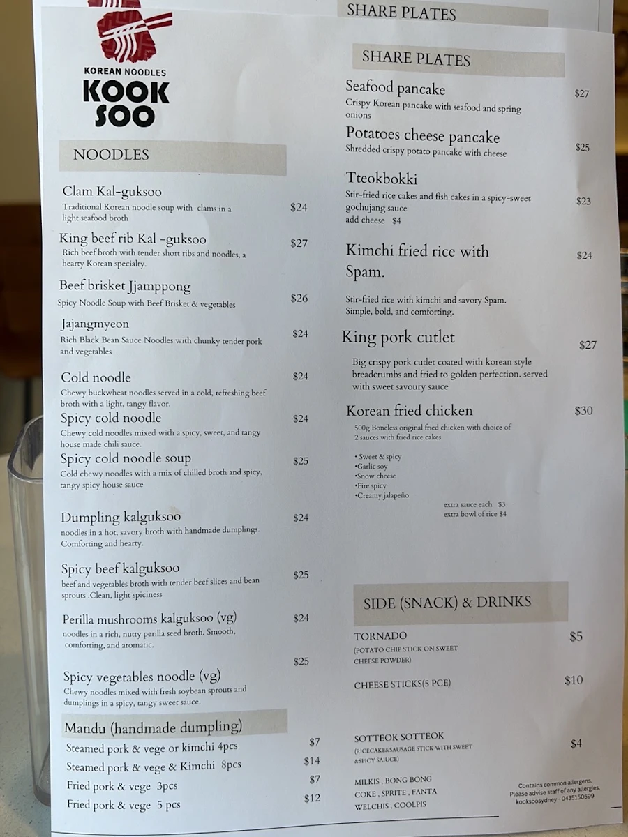 Menu, Kooksoosydney