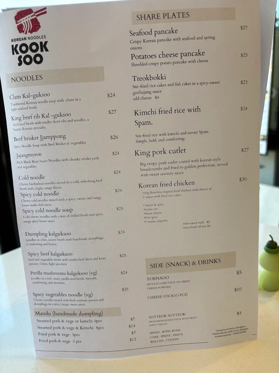 Menu, Kooksoosydney