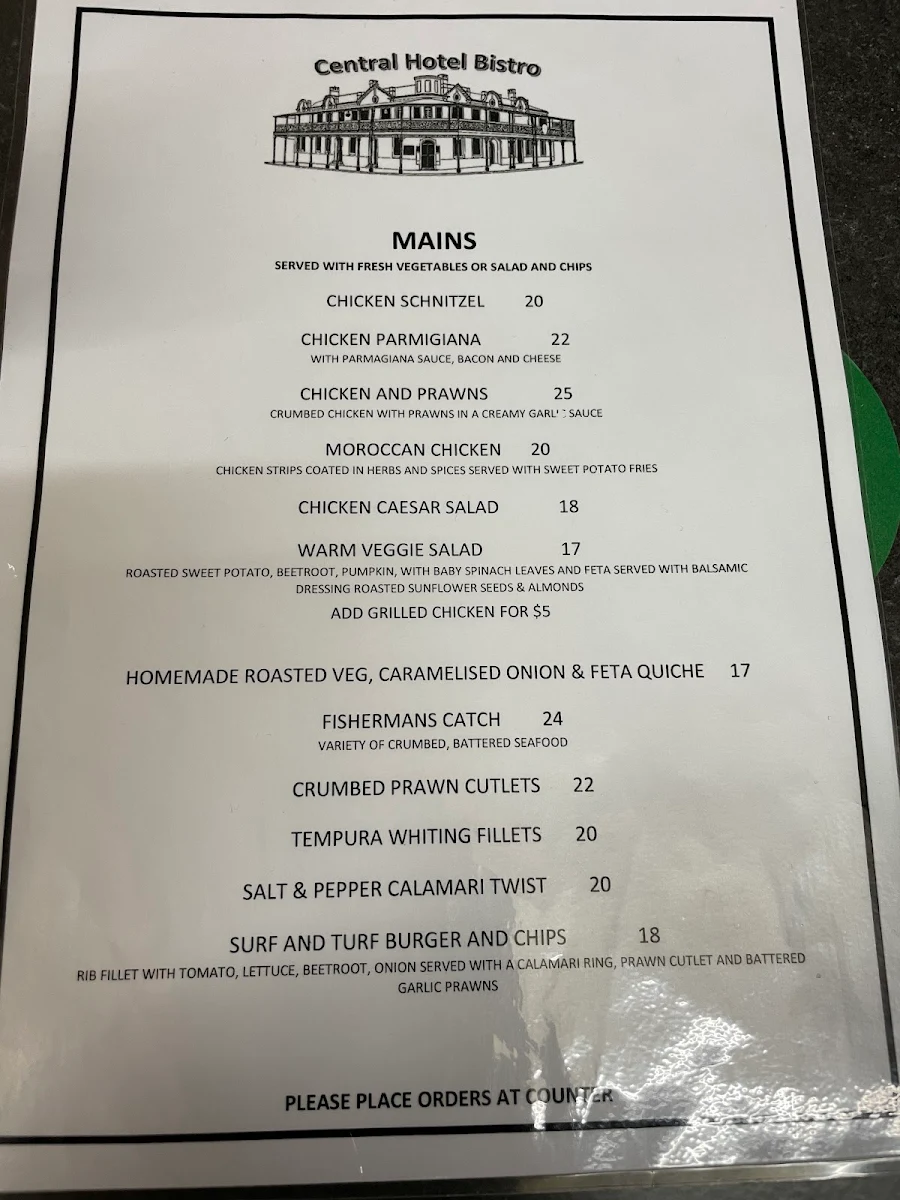 Menu, Central Hotel Stanthorpe