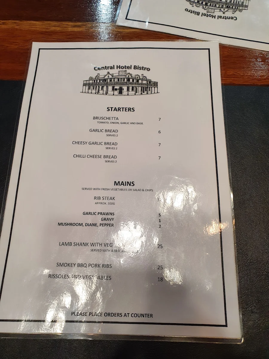 Menu, Central Hotel Stanthorpe