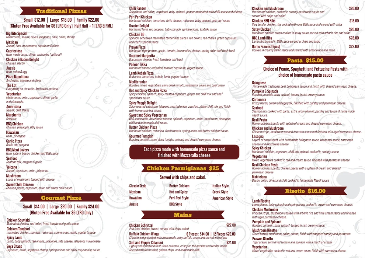 Menu, Big Bite Pizza - Wollert