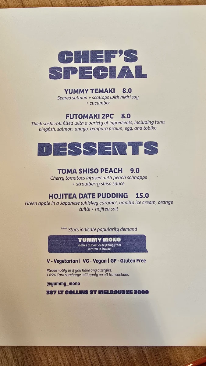 Menu, Yummy Mono