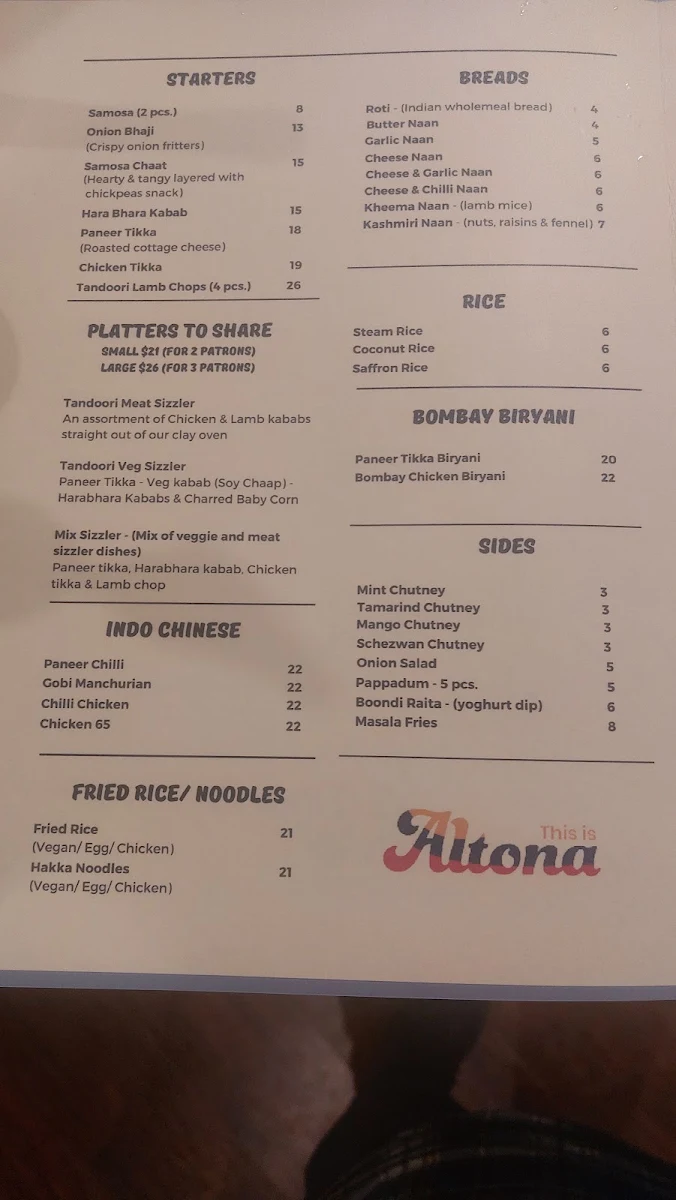 Menu, Oye Bombay