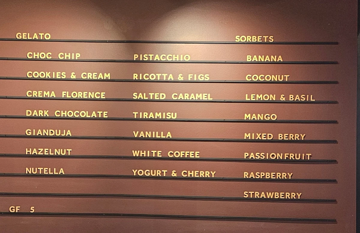 Menu, Florence Gelato