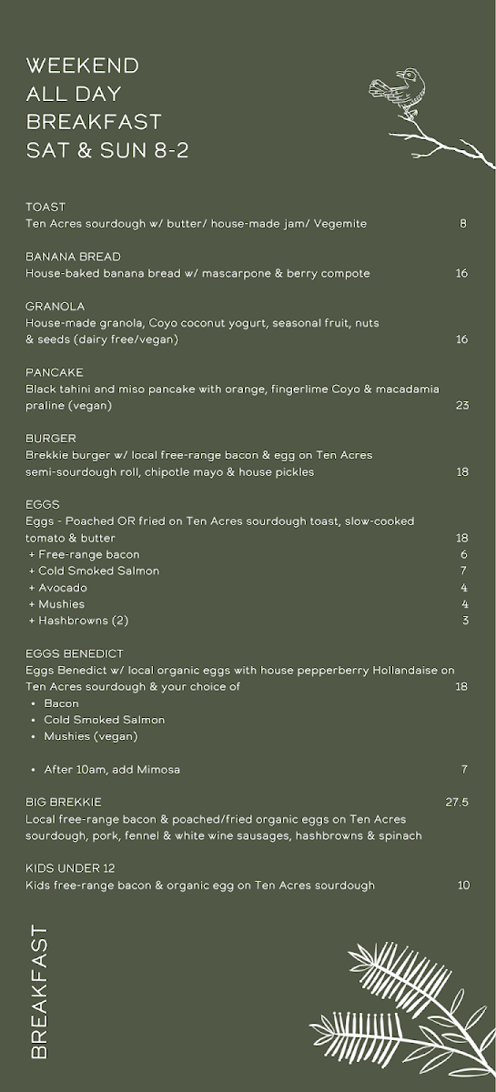 Menu, Fairhill Gardens Café Restaurant (formerly Catbird)
