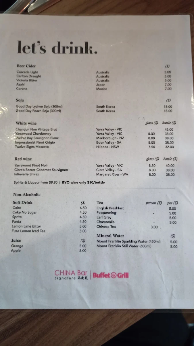 Menu, China Bar Express