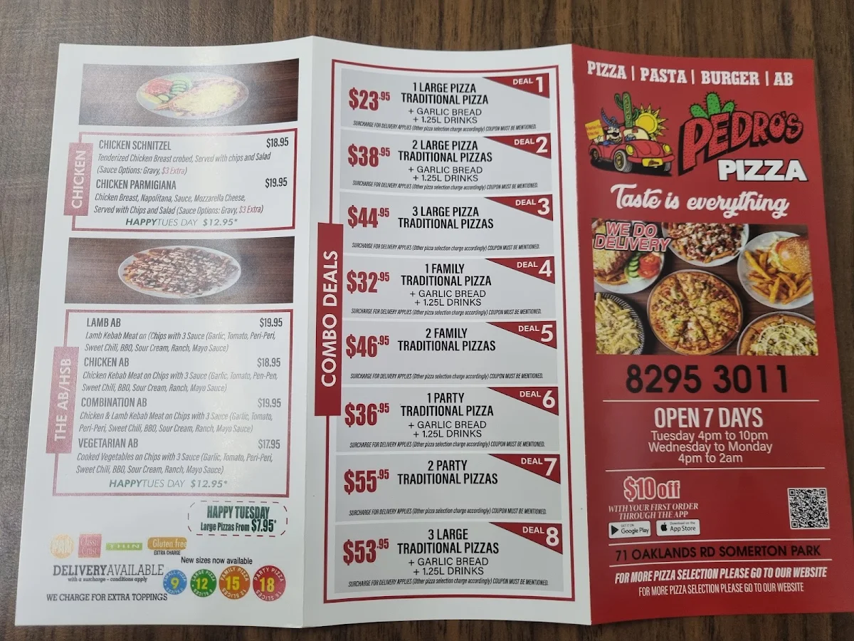 Menu, Pedro's Pizza - Somerton Park